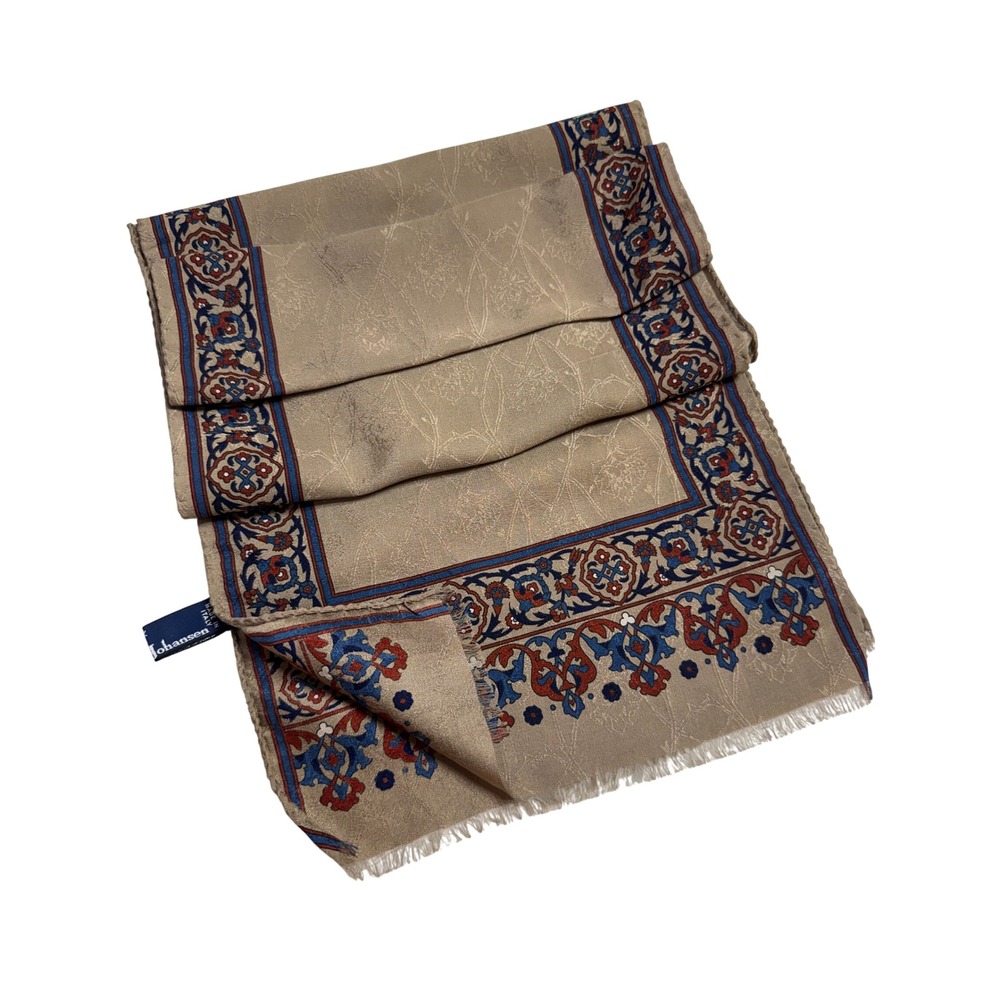Ginny Johansen VTG Scarf Tan/Navy/Burgundy Italian Silk Damask Floral EUC 10x54